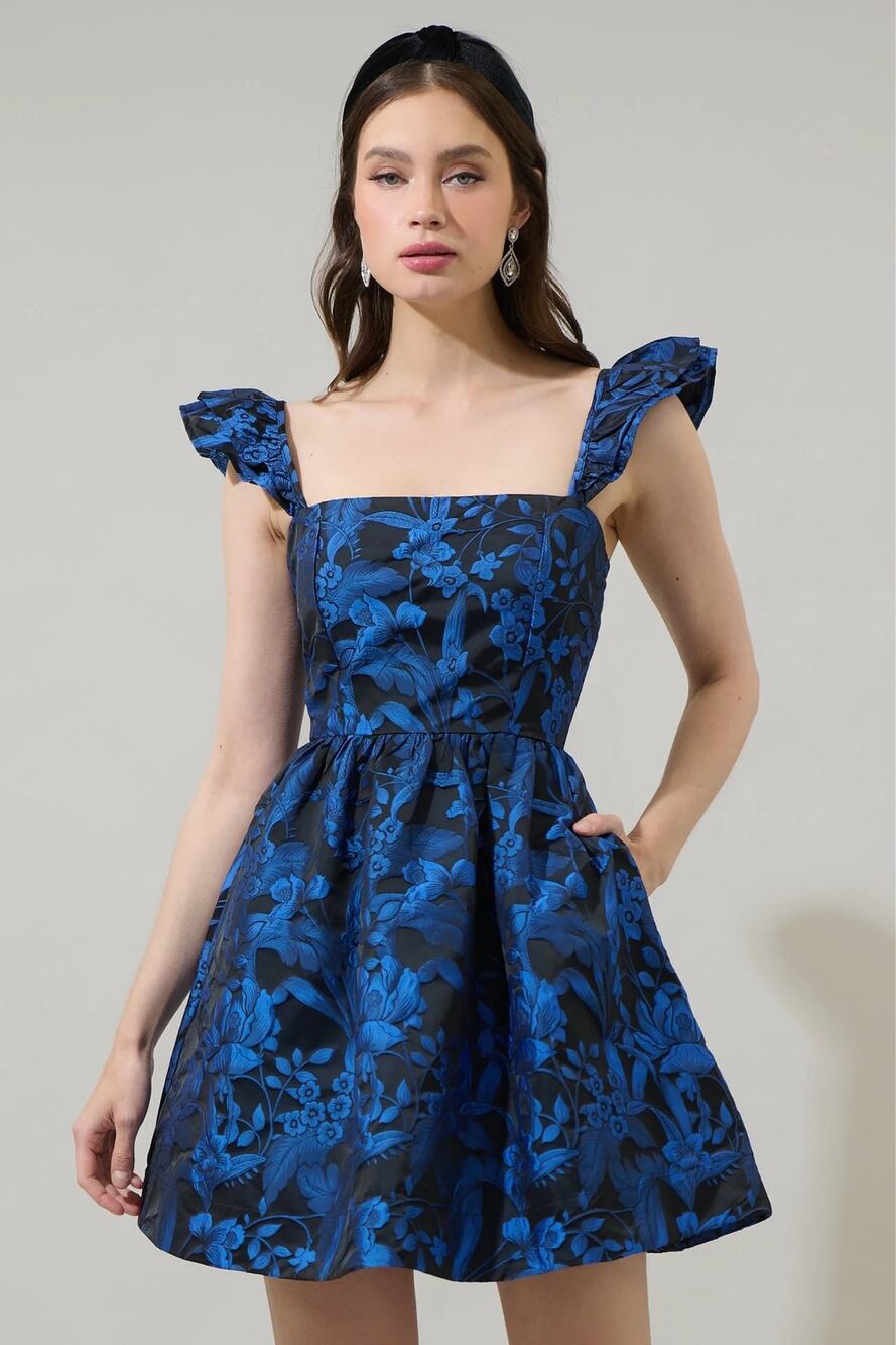 NWOT Sugarlips Vernonia Floral Jacquard Ruffle Mini Dress Cobalt Black M